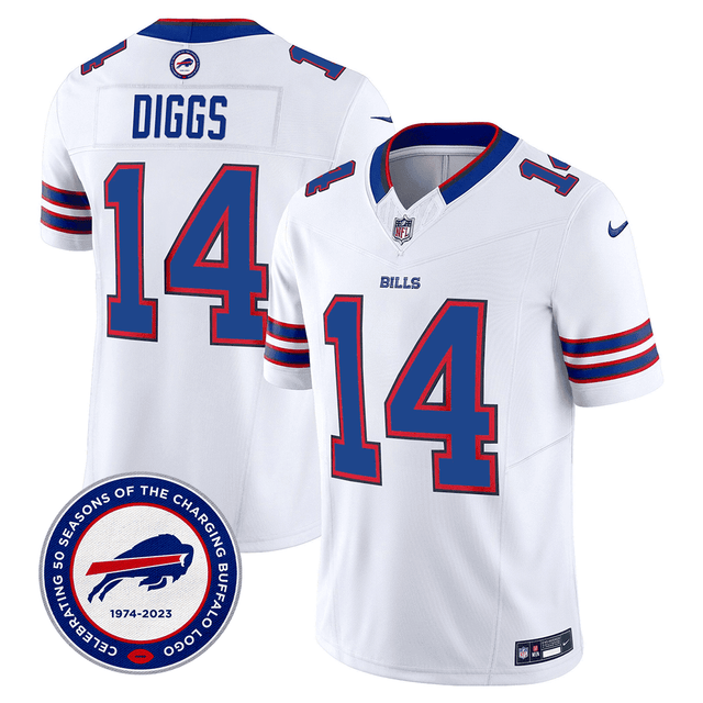 Men's Buffalo Bills 50th Charging Logo Patch Vapor Limited Jersey - All Stitched - White - Stefon Diggs — view 1