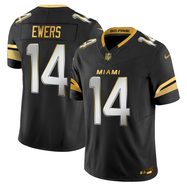 Men's Miami Dolphins 2025 Rivalries Gold Vapor Limited Jersey - All Stitched - Black Limited - Quinn Ewers — view 1