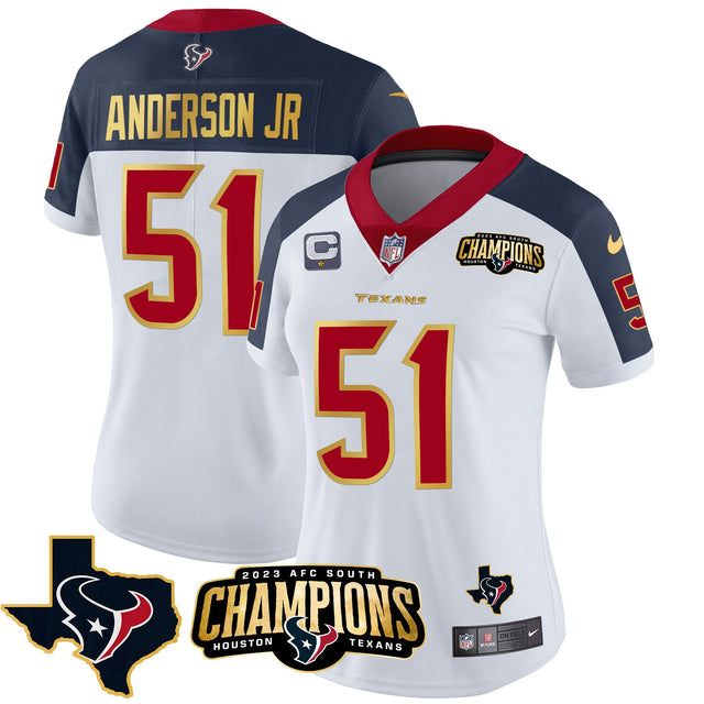 Women's Houston Texans 2023 AFC South Champions Patch Gold Trim Vapor Jersey - All Stitched - Inverted - Will Anderson Jr — view 1