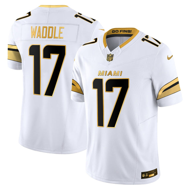 Men's Miami Dolphins 2025 Rivalries Gold Vapor Limited Jersey - All Stitched - White Gold - Jaylen Waddle — view 1