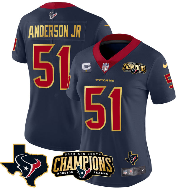 Women's Houston Texans 2023 AFC South Champions Patch Gold Trim Vapor Jersey - All Stitched - Navy - Will Anderson Jr — view 1