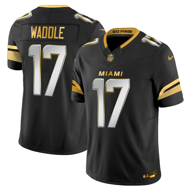 Men's Miami Dolphins 2025 Rivalries Gold Vapor Limited Jersey - All Stitched - Black Limited - Jaylen Waddle — view 1