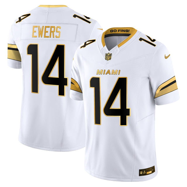 Men's Miami Dolphins 2025 Rivalries Gold Vapor Limited Jersey - All Stitched - White Gold - Quinn Ewers — view 1