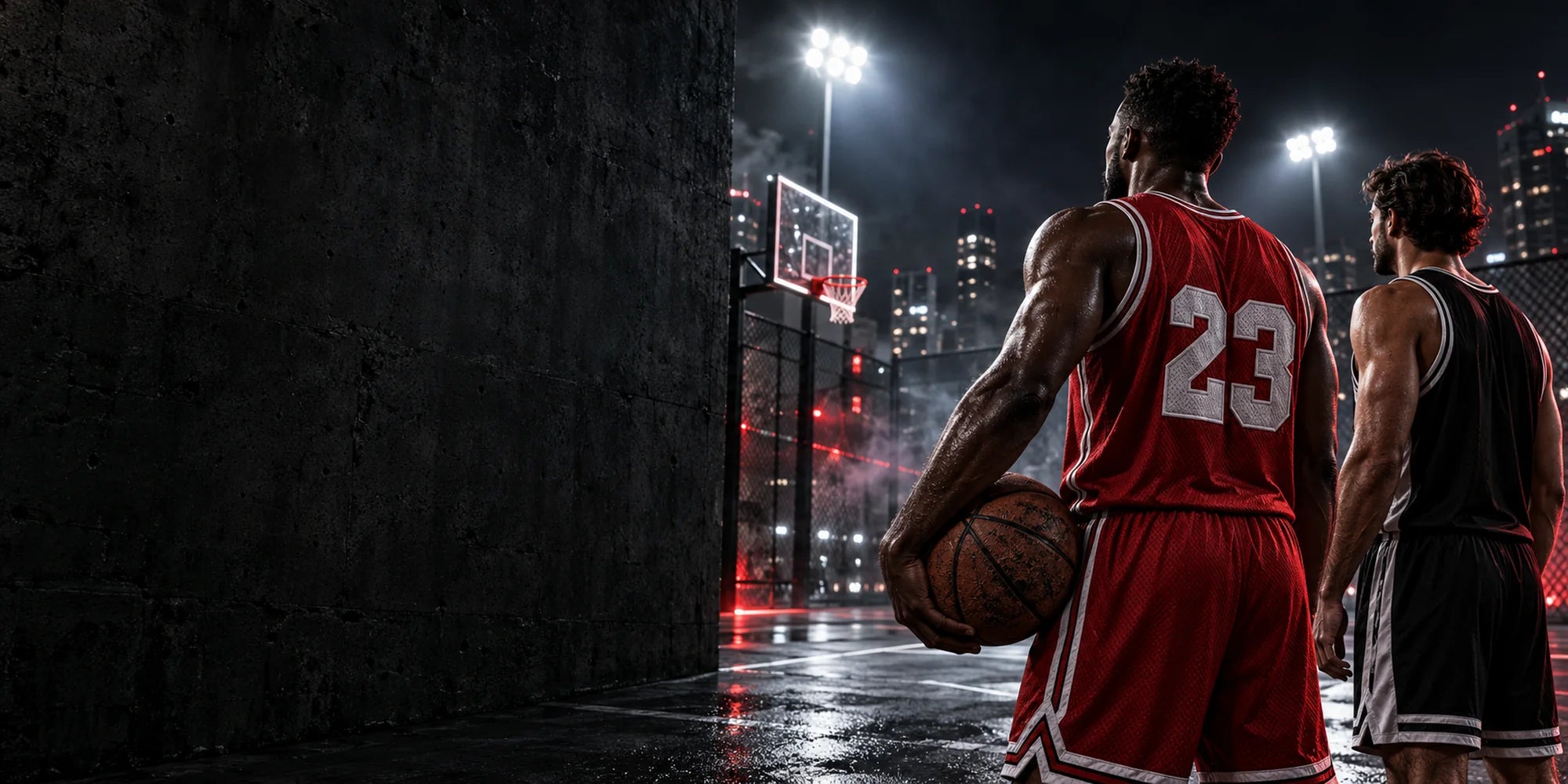 Athletic men wearing retro jerseys under stadium floodlights