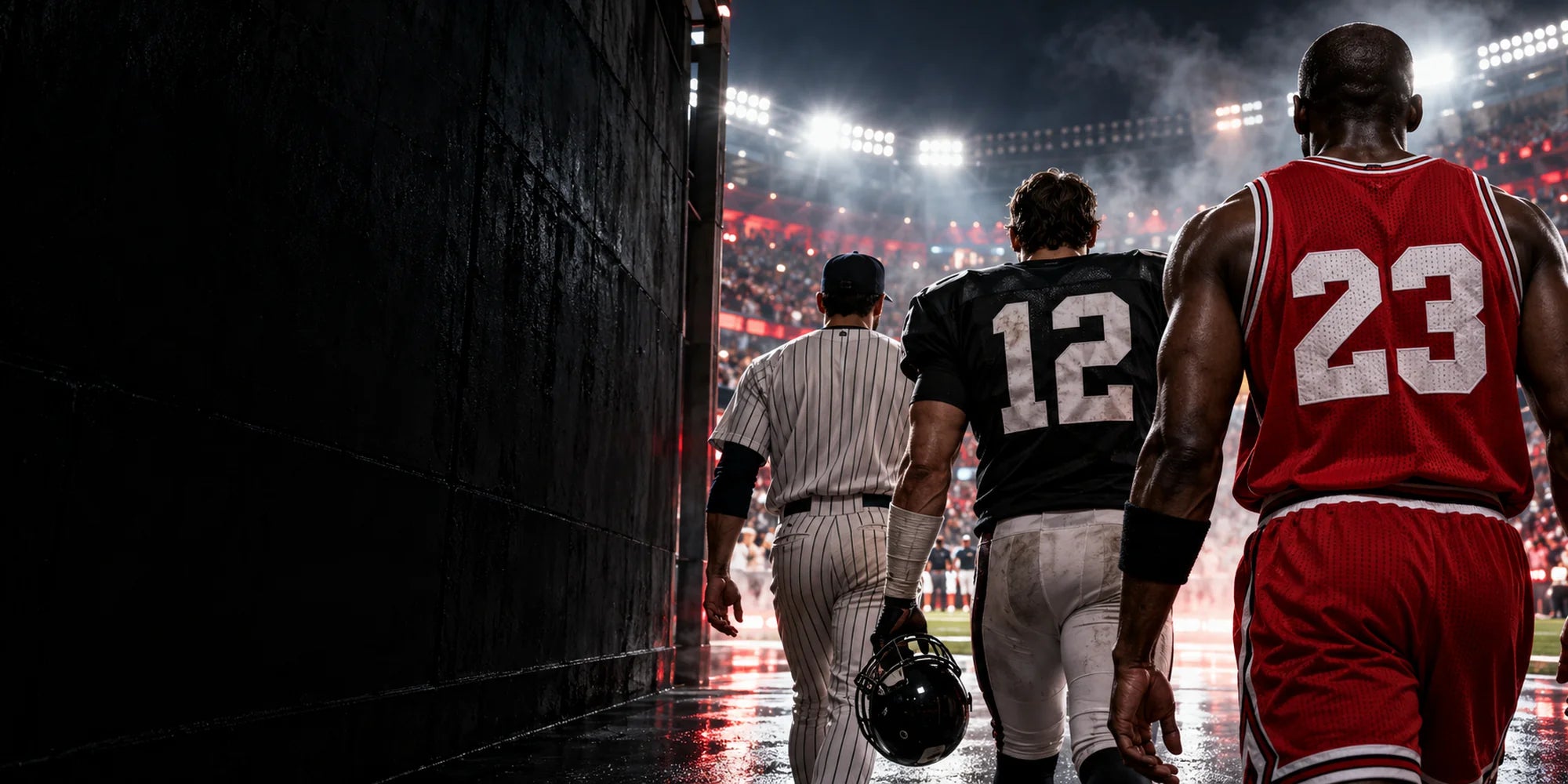 Athletic men wearing retro jerseys under stadium floodlights